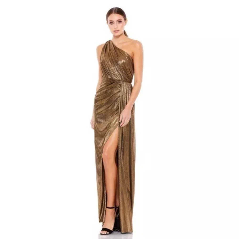 Mac Duggal Metallic Draped One
Shoulder Grecian Gown Dress Gold Sz 10 NWT